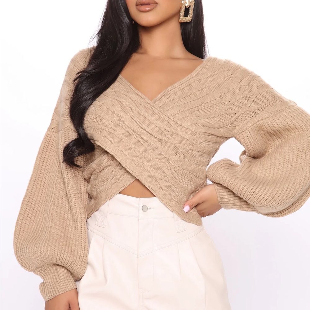 Women's Tan Wrap cropped bubble sleeve Sweater